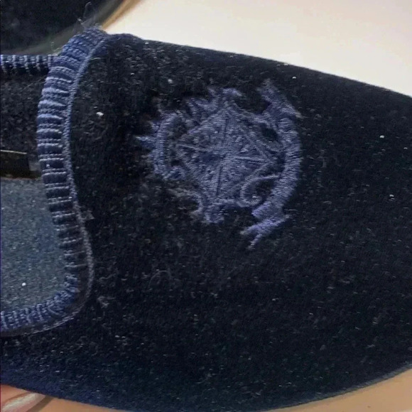 Packard by Foamtreads Crown Crest Navy Velvet Loafers  w 1” wedge heel. - Picture 9 of 9